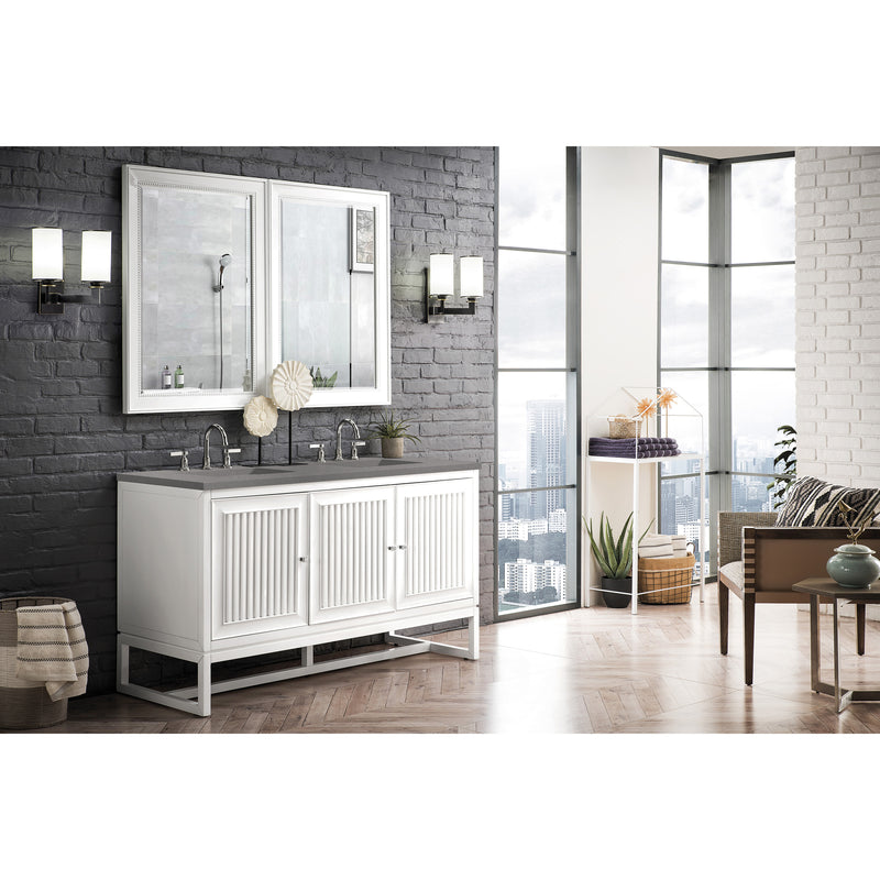 James Martin Athens 60" Double Vanity Cabinet Glossy White with 3 cm Gray Expo Quartz Top E645-V60D-GW-3GEX