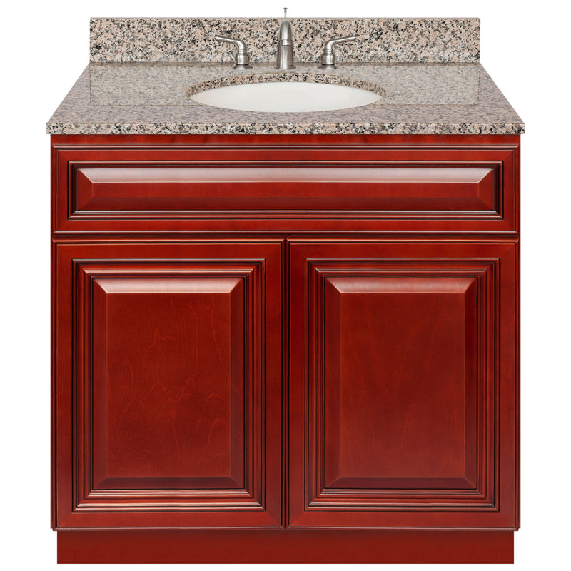 Cherry Bathroom Vanity 36", Burlywood Granite Top, Faucet LB4B BU378-36CH-4B