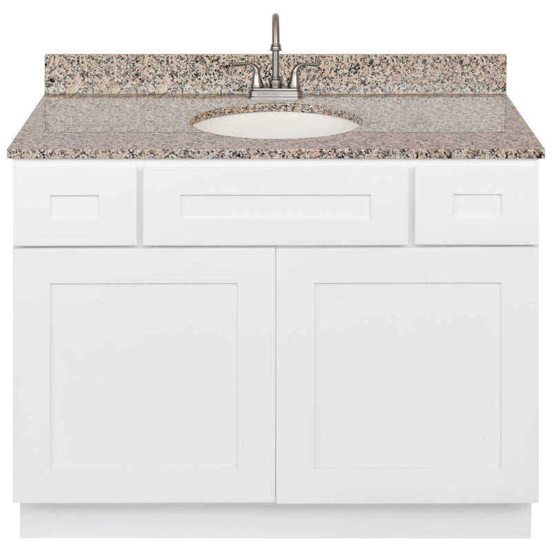 White Bathroom Vanity 42", Burlywood Granite Top, Faucet LB6B BU434-42AW-6B