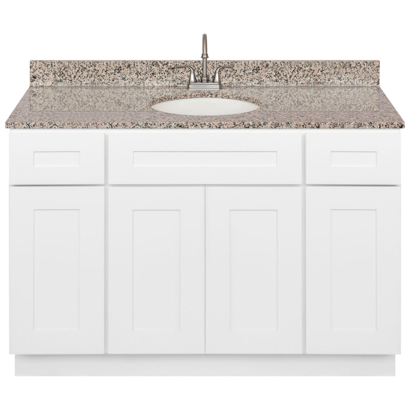 White Bathroom Vanity 48", Burlywood Granite Top, Faucet LB6B BU494-48AW-6B