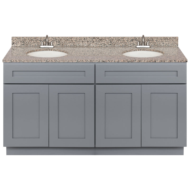 Cherry Double Bathroom Vanity 60", Burlywood Granite Top, Faucet LB5B BU614-60CG-5B