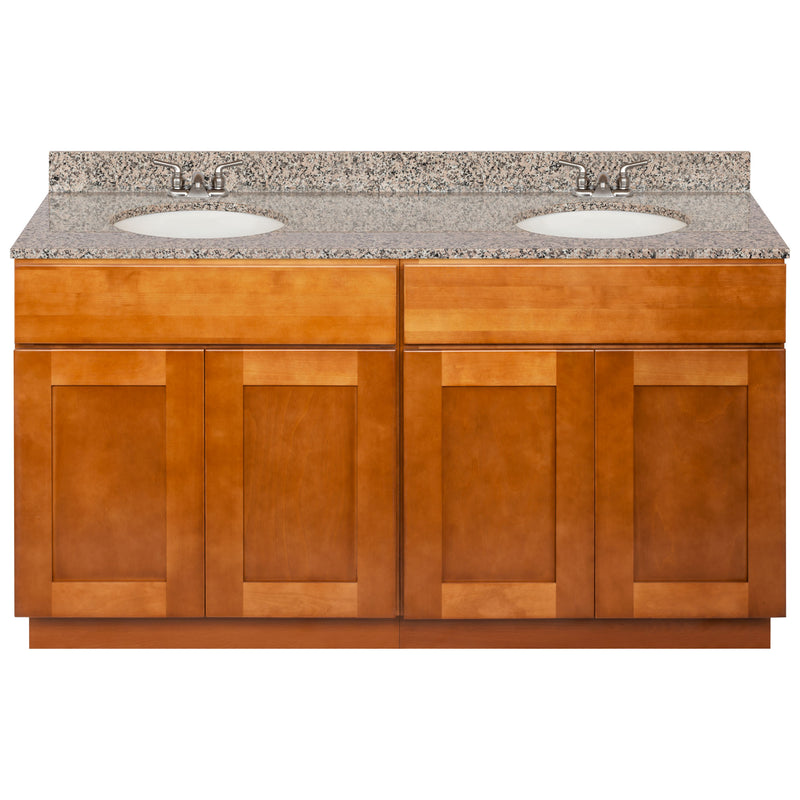 Brown Double Bathroom Vanity 60", Burlywood Granite Top, Faucet LB3B BU614-60NP-3B