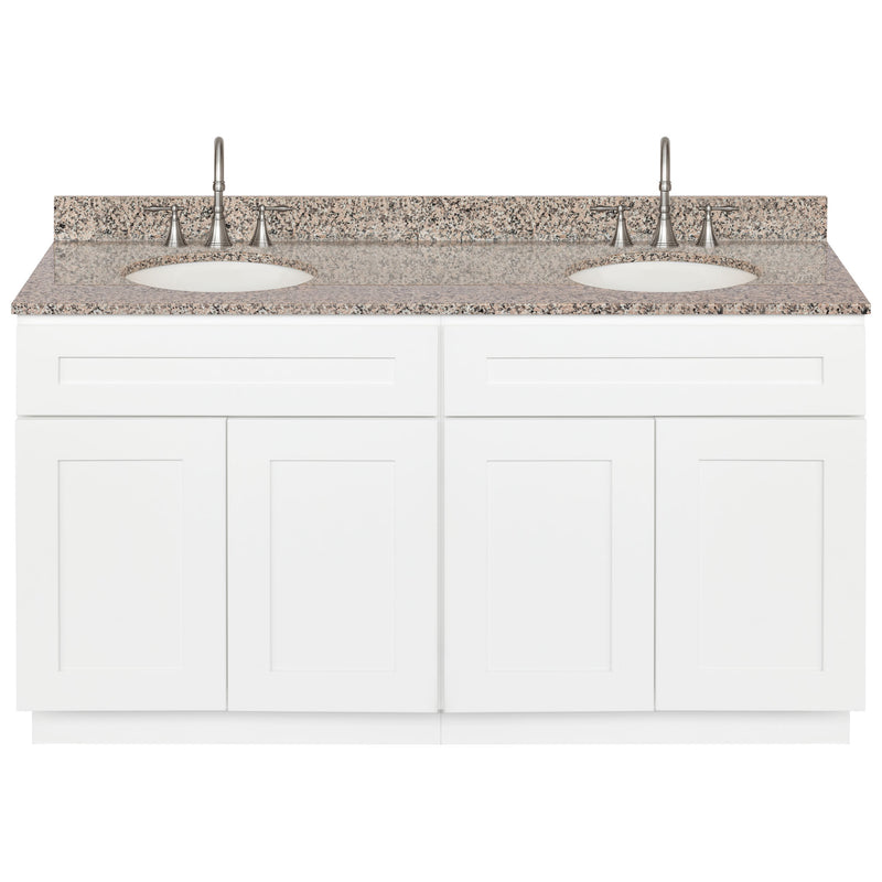 White Double Bathroom Vanity 60", Burlywood Granite Top, Faucet LB7B BU618-60AW-7B