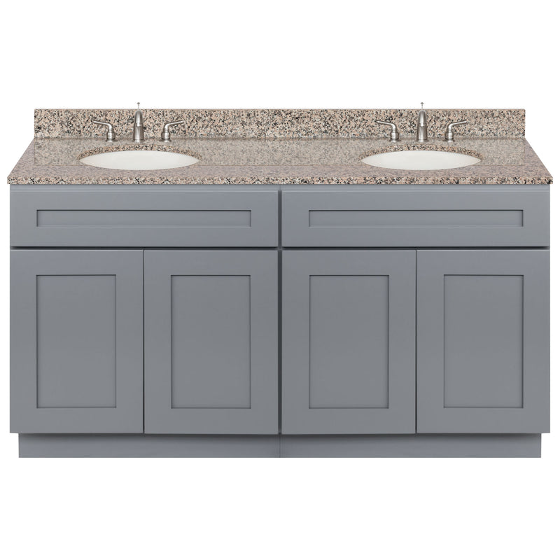 Cherry Double Bathroom Vanity 60", Burlywood Granite Top, Faucet LB4B BU618-60CG-4B