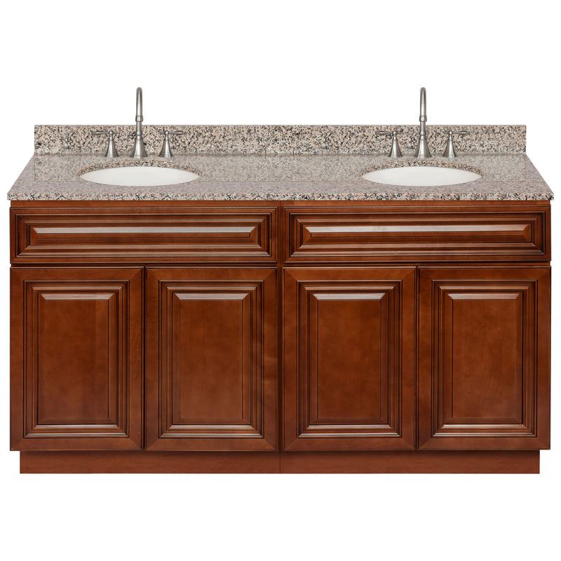 Brown Double Bathroom Vanity 60", Burlywood Granite Top, Faucet LB7B BU618-60GN-7B