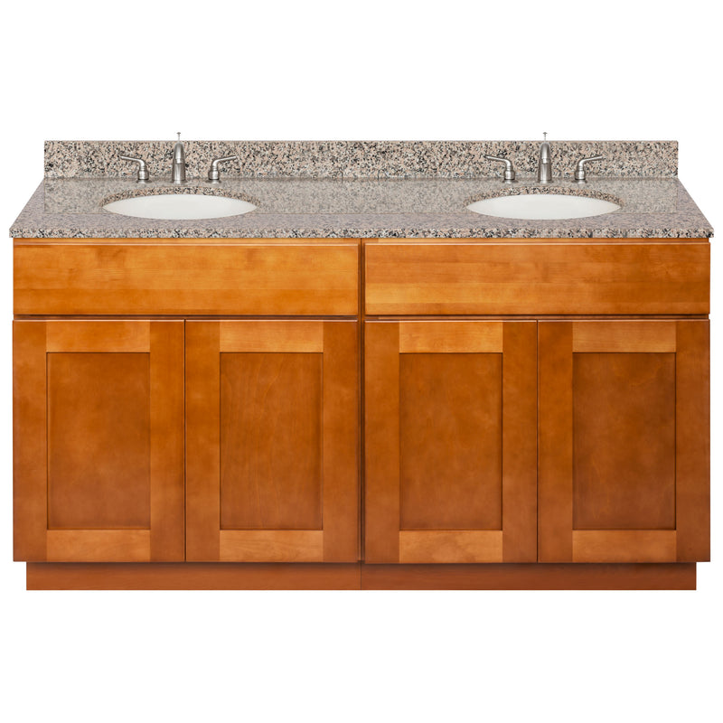 Brown Double Bathroom Vanity 60", Burlywood Granite Top, Faucet LB4B BU618-60NP-4B