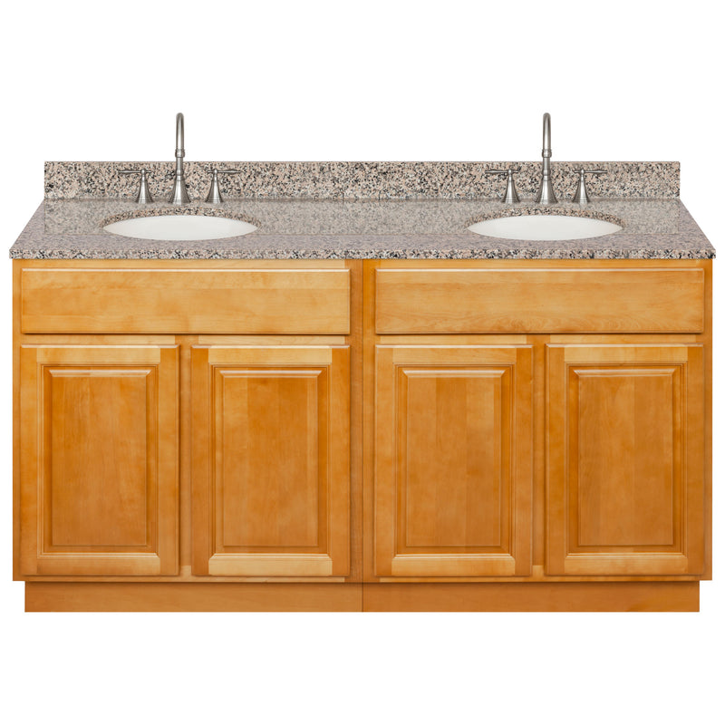 Brown Double Bathroom Vanity 60", Burlywood Granite Top, Faucet LB7B BU618-60RC-7B