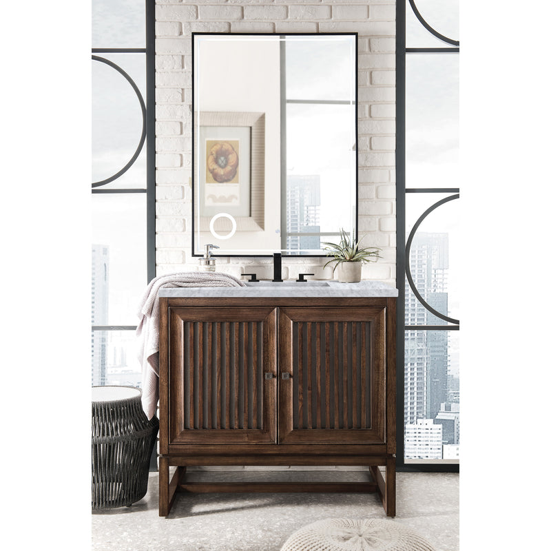 James Martin Athens 36" Single Vanity Cabinet Mid Century Acacia with 3 cm Carrara White Top E645-V36-MCA-3CAR