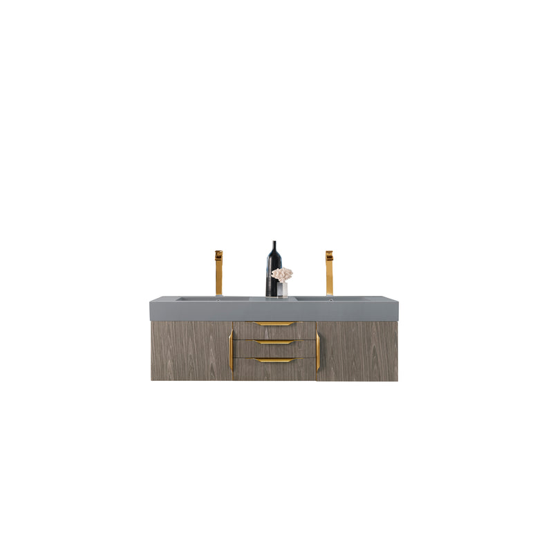 James Martin Mercer Island 59" Double Vanity Ash Gray Radiant Gold with Dusk Grey Glossy Composite Top 389-V59D-AGR-G-DGG