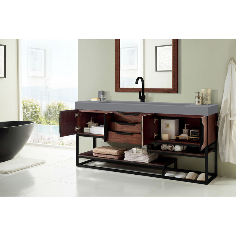 James Martin Columbia 72" Single Vanity Coffee Oak Matte Black with Dusk Gray Glossy Composite Top 388-V72S-CFO-MB-DGG