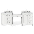 James Martin Copper Cove Encore 86" Double Vanity Set Bright White with Makeup Table 3 cm Carrara Marble Top 301-V86-BW-DU-3CAR