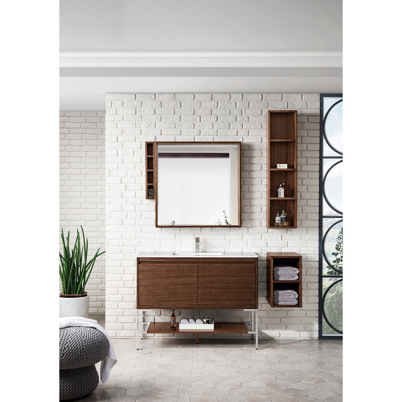 James Martin Milan 47.3" Single Vanity Cabinet Mid Century Walnut Brushed Nickel with Glossy White Composite Top 801V47.3WLTBNKGW