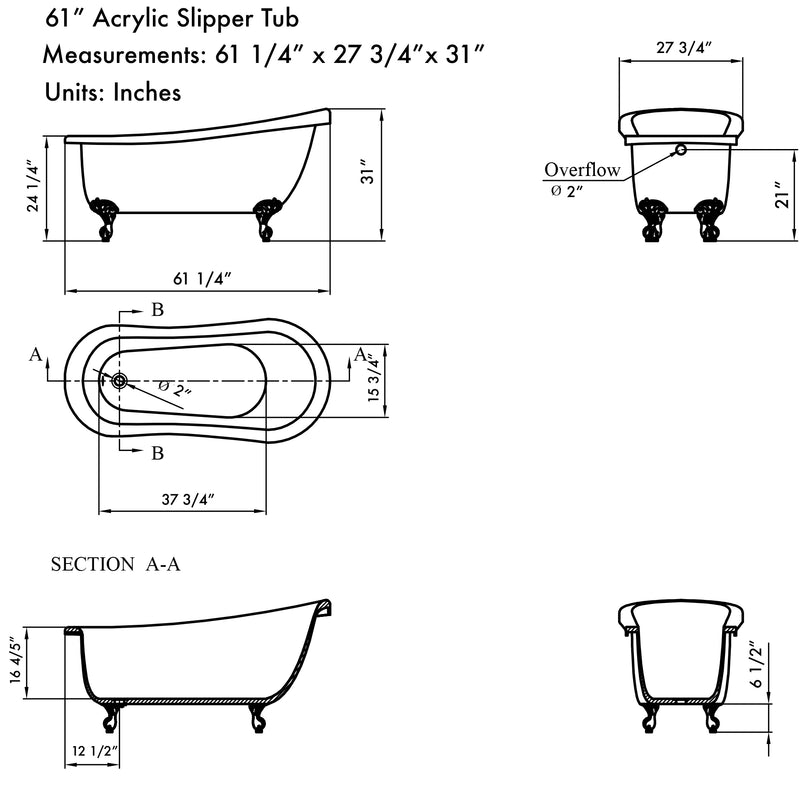 Cambridge Plumbing Acrylic Slipper Bathtub 61" x 28" 7" Drillings and Complete BN Package