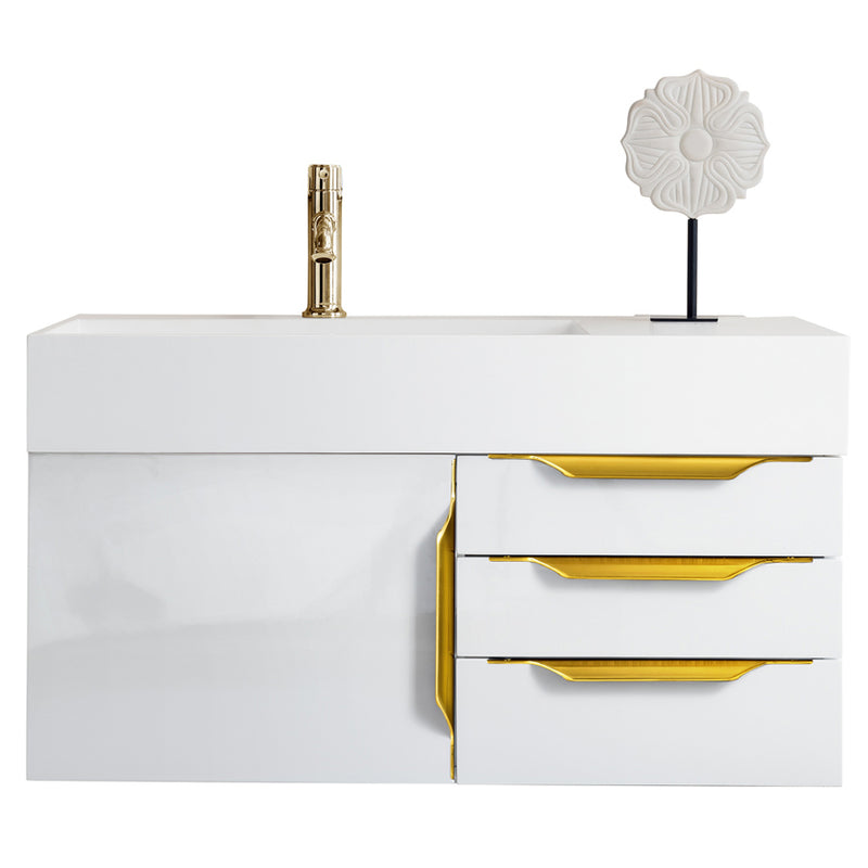 James Martin Mercer Island 36" Single Vanity Glossy White Radiant Gold with Glossy White Composite Top 389-V36-GW-G-GW