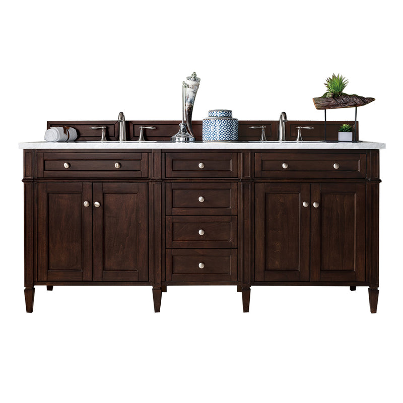 James Martin Brittany 72" Burnished Mahogany Double Vanity with 3 cm Eternal Jasmine Pearl Quartz Top 650-V72-BNM-3EJP