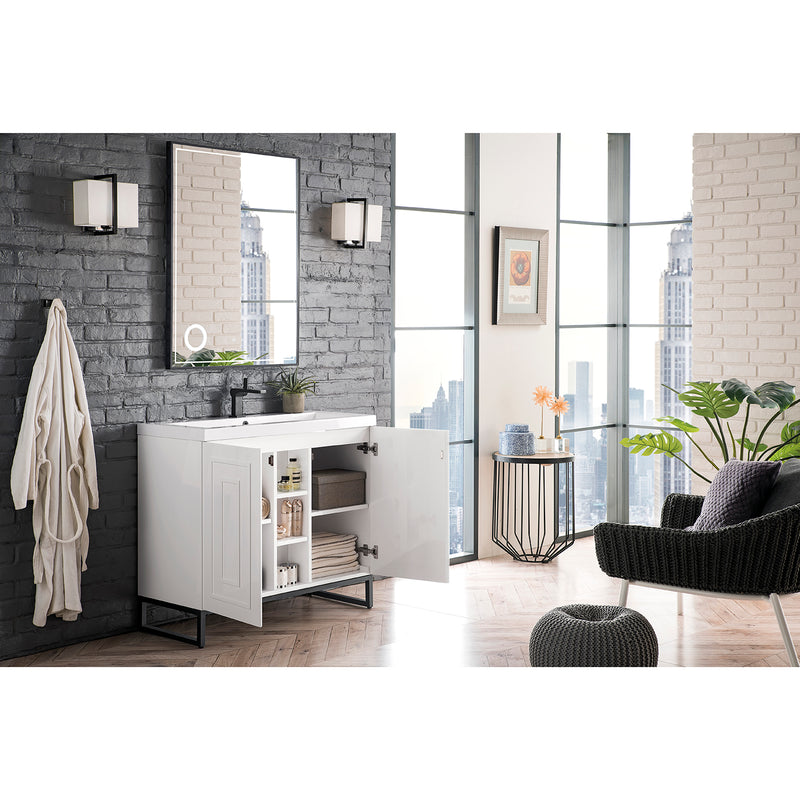 James Martin Alicante' 39.5" Single Vanity Cabinet Glossy White Matte Black with White Glossy Composite Countertop E110V39.5GWMBKWG