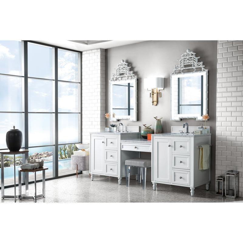 James Martin Copper Cove Encore 86" Double Vanity Set Bright White with Makeup Table 3 cm Carrara Marble Top 301-V86-BW-DU-3CAR