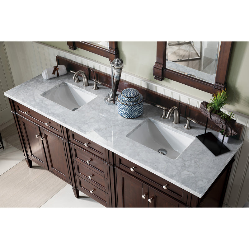 James Martin Brittany 72" Burnished Mahogany Double Vanity with 3 cm Carrara Marble Top 650-V72-BNM-3CAR