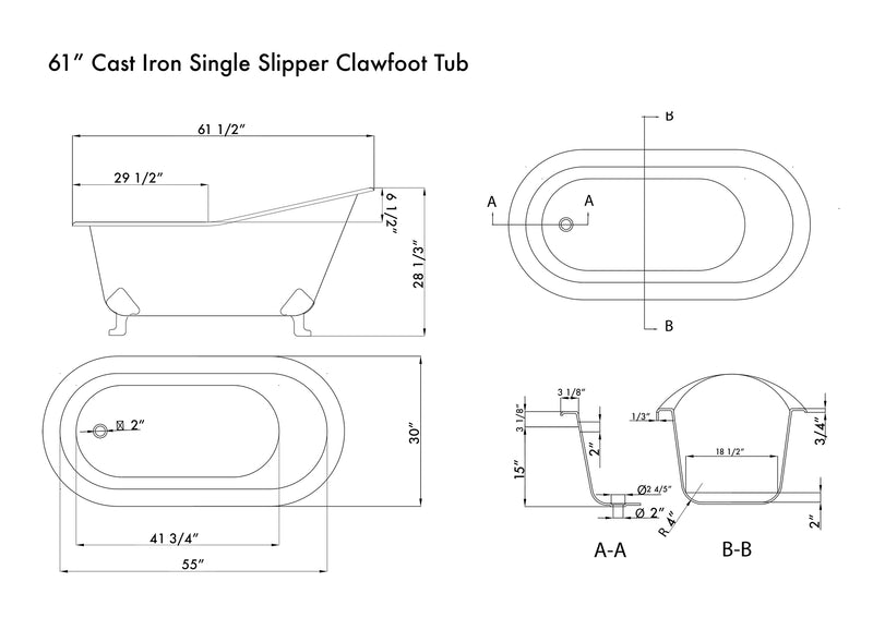 Cambridge Plumbing Cast Iron Slipper Clawfoot Tub 61" x 30" No Faucet Drillings Package