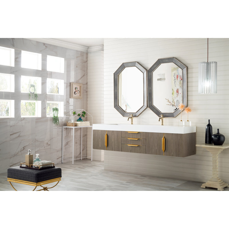 James Martin Mercer Island 72" Double Vanity Ash Gray Radiant Gold with Glossy White Composite Top 389-V72D-AGR-G-GW