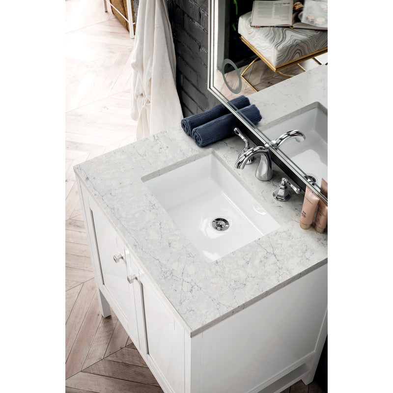 James Martin Addison 30" Single Vanity Cabinet with Doors Glossy White with 3 cm Arctic Fall Solid Surface Countertop E445-V30-GW-3AF