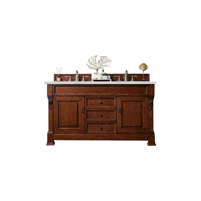 James Martin Brookfield 60" Warm Cherry Double Vanity with 3 cm Ethereal Noctis Quartz Top 147-114-5681-3ENC