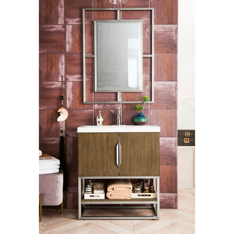 James Martin Columbia 31.5" Single Vanity Cabinet Latte Oak Brushed Nickel with White Glossy Resin Countertop 388-V31.5-LTO-BNK-WG