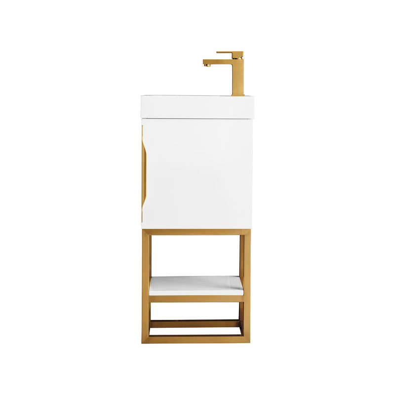 James Martin Columbia 16" Single Vanity Cabinet Glossy White Radiant Gold with White Glossy Resin Countertop 388-V16-GW-RGD-WG