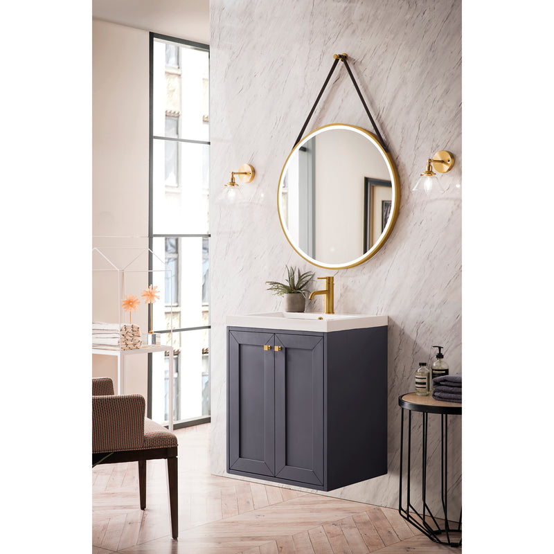 James Martin Chianti 24" Single Vanity Cabinet Mineral Gray with White Glossy Resin Countertop E303-V24-MG-WG