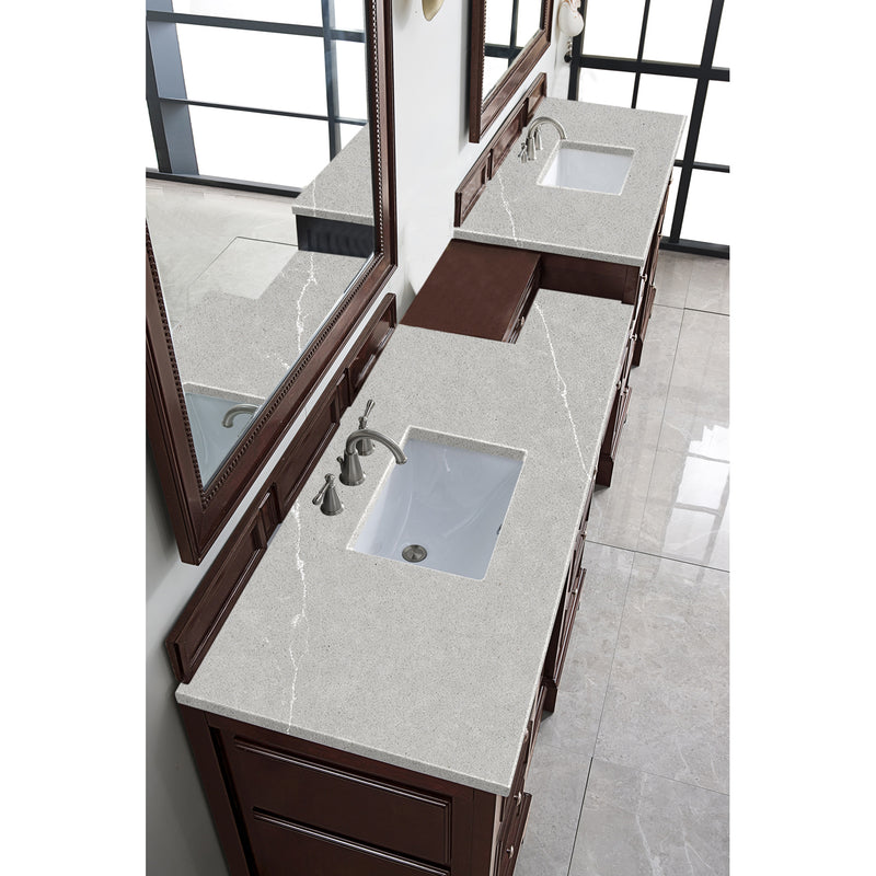 James Martin De Soto 118" Double Vanity Set Burnished Mahogany with Makeup Table 3 cm Eternal Serena Quartz Top 825-V118-BNM-DU-ESR