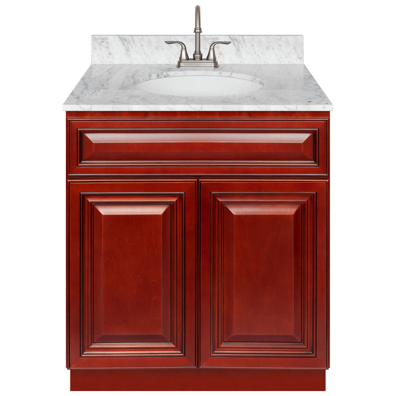 Cherry Bathroom Vanity 30", Cara White Marble Top, Faucet LB6B CW314-30CH-6B