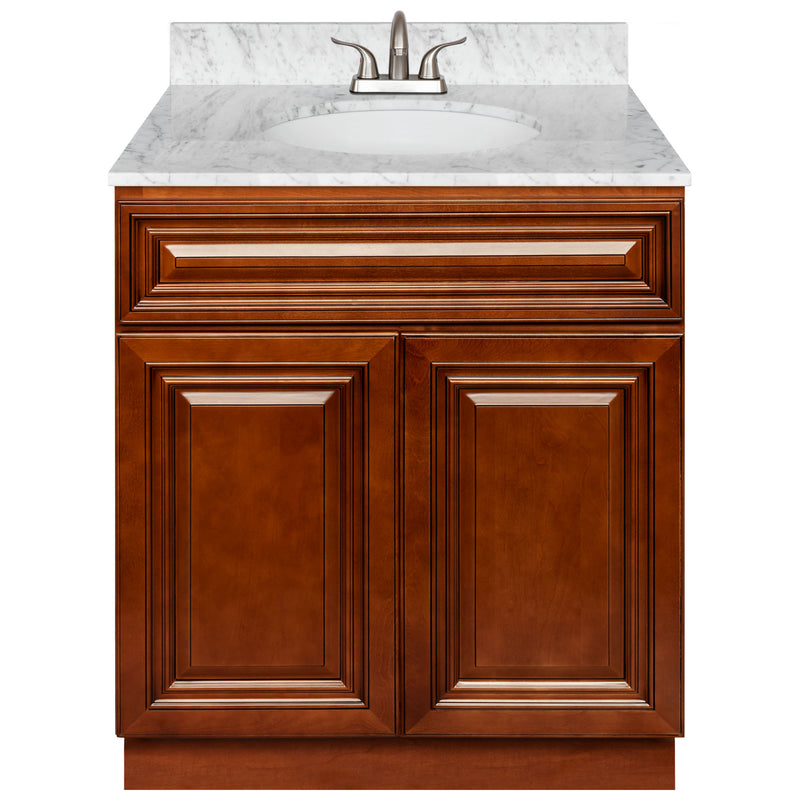 Brown Bathroom Vanity 30", Cara White Marble Top, Faucet LB5B CW314-30GN-5B