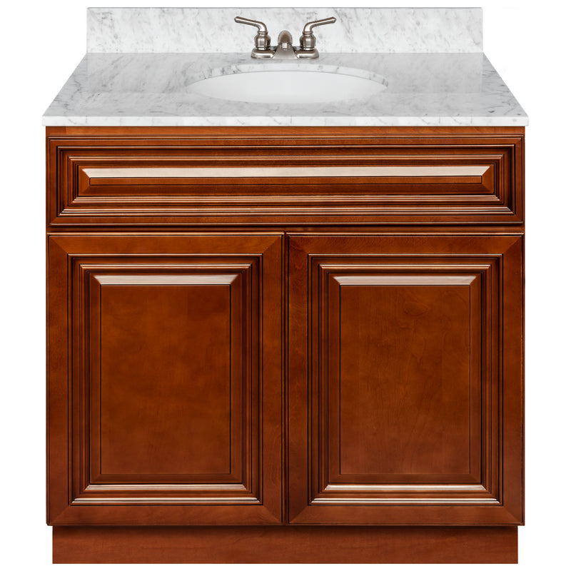 Brown Bathroom Vanity 36", Cara White Marble Top, Faucet LB3B CW374-36GN-3B