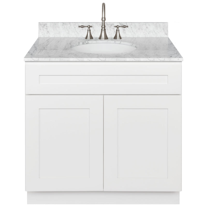 White Bathroom Vanity 36", Cara White Marble Top, Faucet LB7B CW378-36AW-7B