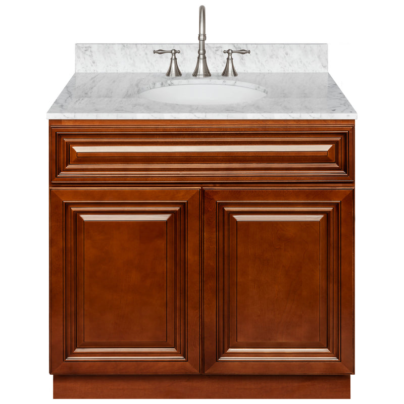 Brown Bathroom Vanity 36", Cara White Marble Top, Faucet LB7B CW378-36GN-7B