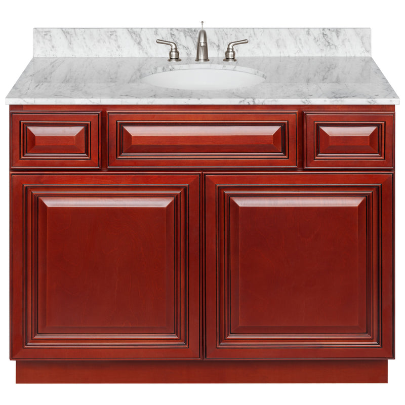 Cherry Bathroom Vanity 42", Cara White Marble Top, Faucet LB4B CW438-42CH-4B