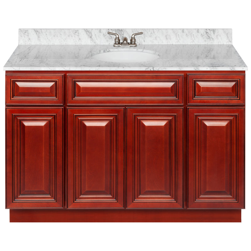 Cherry Bathroom Vanity 48", Cara White Marble Top, Faucet LB3B CW494-48CH-3B