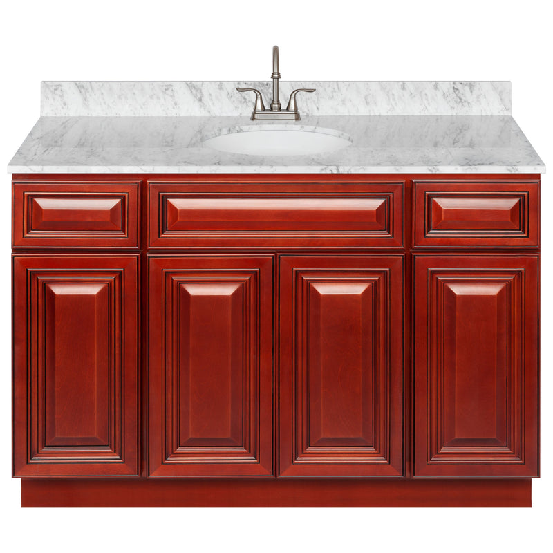 Cherry Bathroom Vanity 48", Cara White Marble Top, Faucet LB6B CW494-48CH-6B