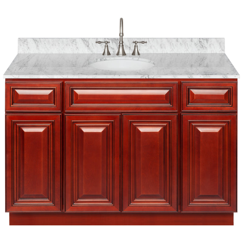 Cherry Bathroom Vanity 48", Cara White Marble Top, Faucet LB7B CW498-48CH-7B