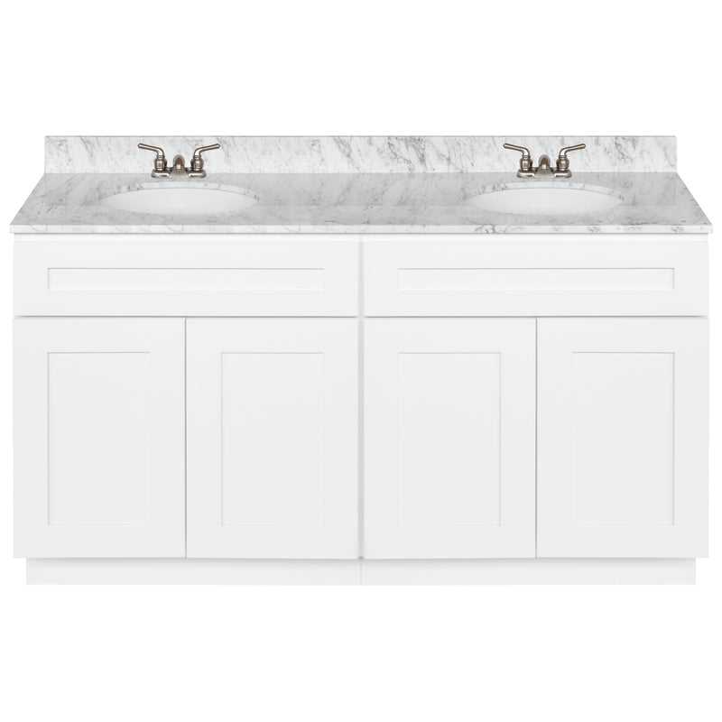 White Double Bathroom Vanity 60", Cara White Marble Top, Faucet LB3B CW614-60AW-3B