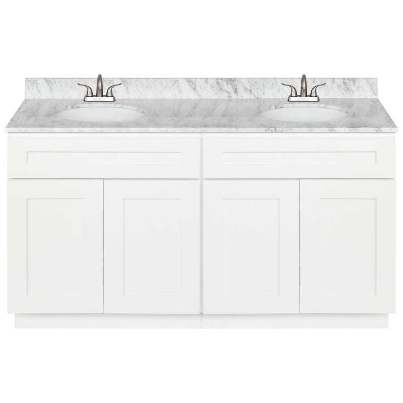 White Double Bathroom Vanity 60", Cara White Marble Top, Faucet LB5B CW614-60AW-5B