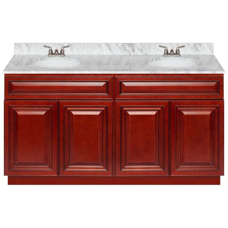 Cherry Double Bathroom Vanity 60", Cara White Marble Top, Faucet LB3B CW614-60CH-3B