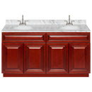 Cherry Double Bathroom Vanity 60", Cara White Marble Top, Faucet LB6B CW614-60CH-6B