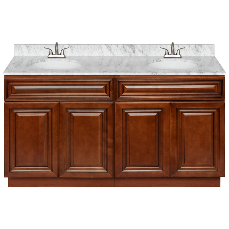 Brown Double Bathroom Vanity 60", Cara White Marble Top, Faucet LB5B CW614-60GN-5B