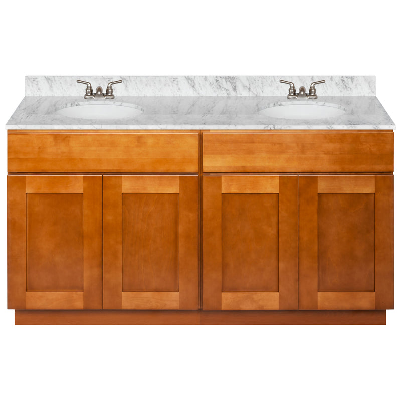 Brown Double Bathroom Vanity 60", Cara White Marble Top, Faucet LB3B CW614-60NP-3B