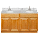 Brown Double Bathroom Vanity 60", Cara White Marble Top, Faucet LB6B CW614-60RC-6B