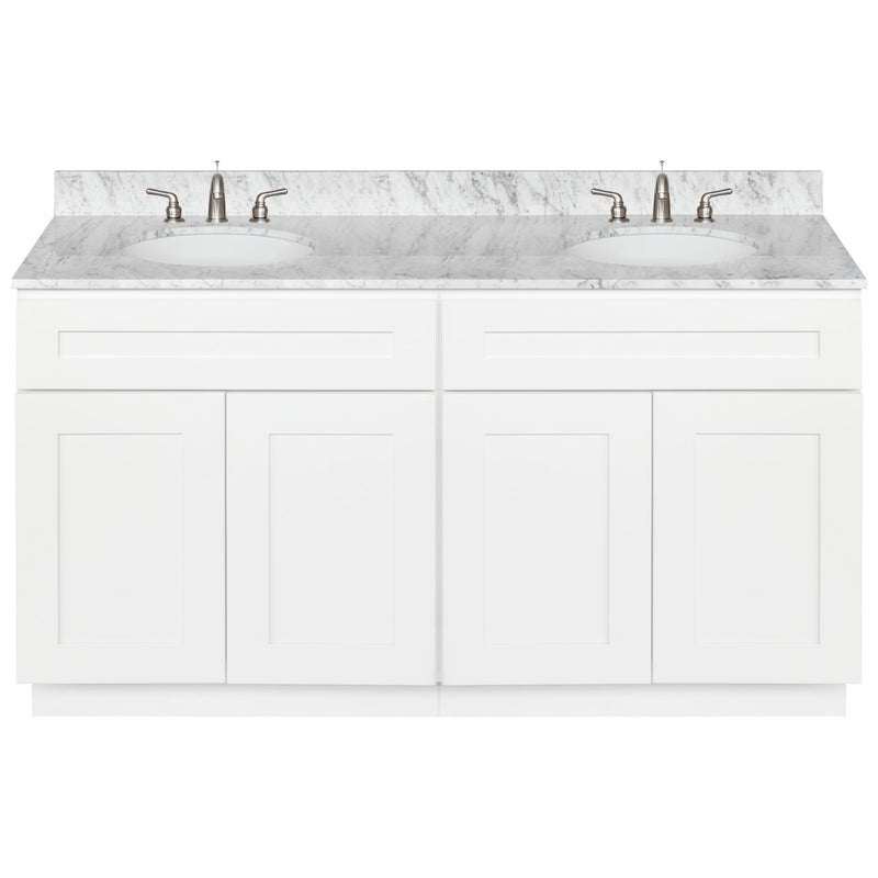 White Double Bathroom Vanity 60", Cara White Marble Top, Faucet LB4B CW618-60AW-4B