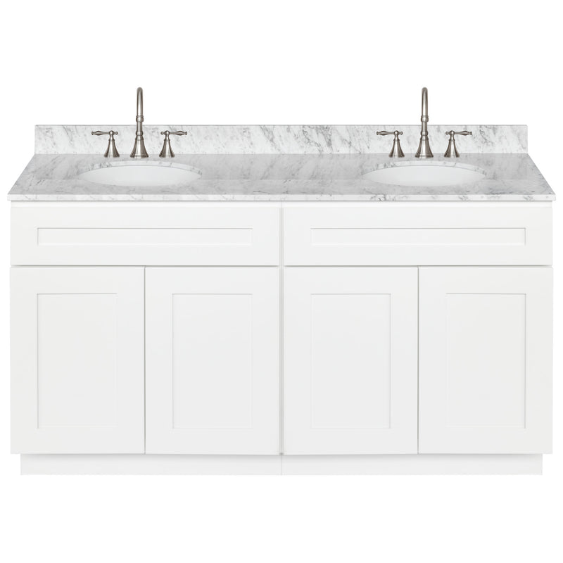 White Double Bathroom Vanity 60", Cara White Marble Top, Faucet LB7B CW618-60AW-7B