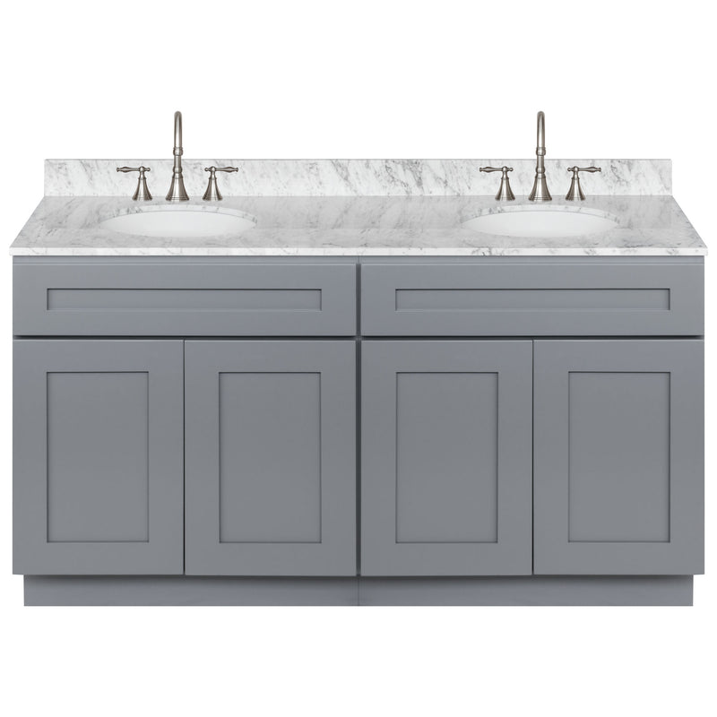 Cherry Double Bathroom Vanity 60", Cara White Marble Top, Faucet LB7B CW618-60CG-7B