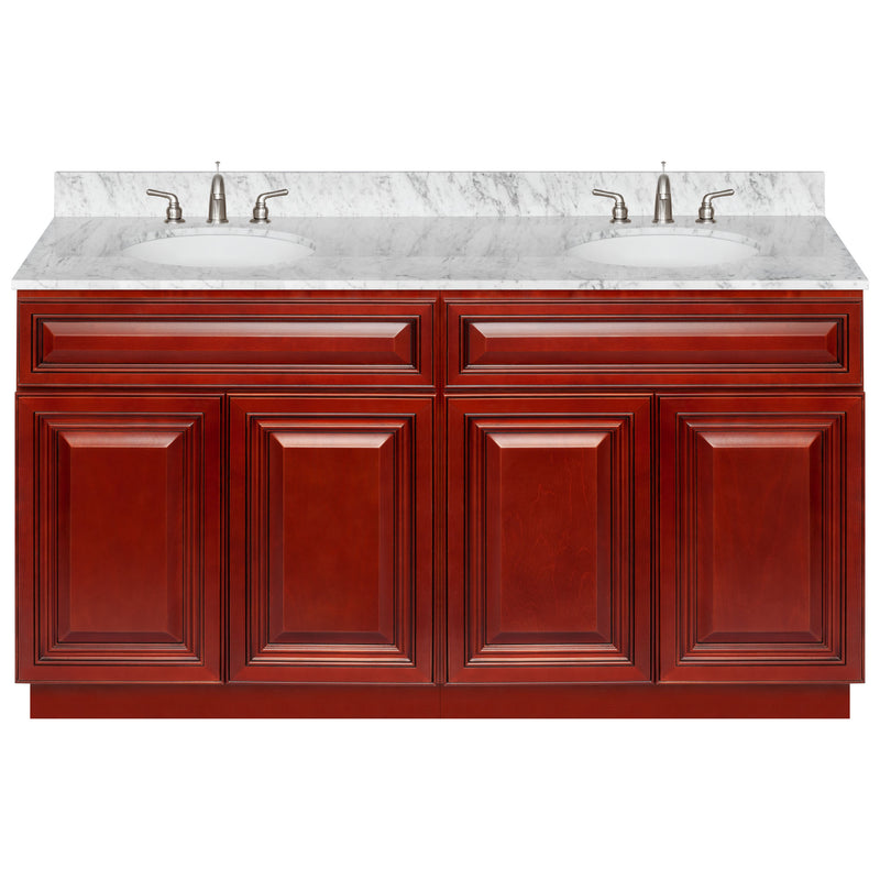 Cherry Double Bathroom Vanity 60", Cara White Marble Top, Faucet LB4B CW618-60CH-4B